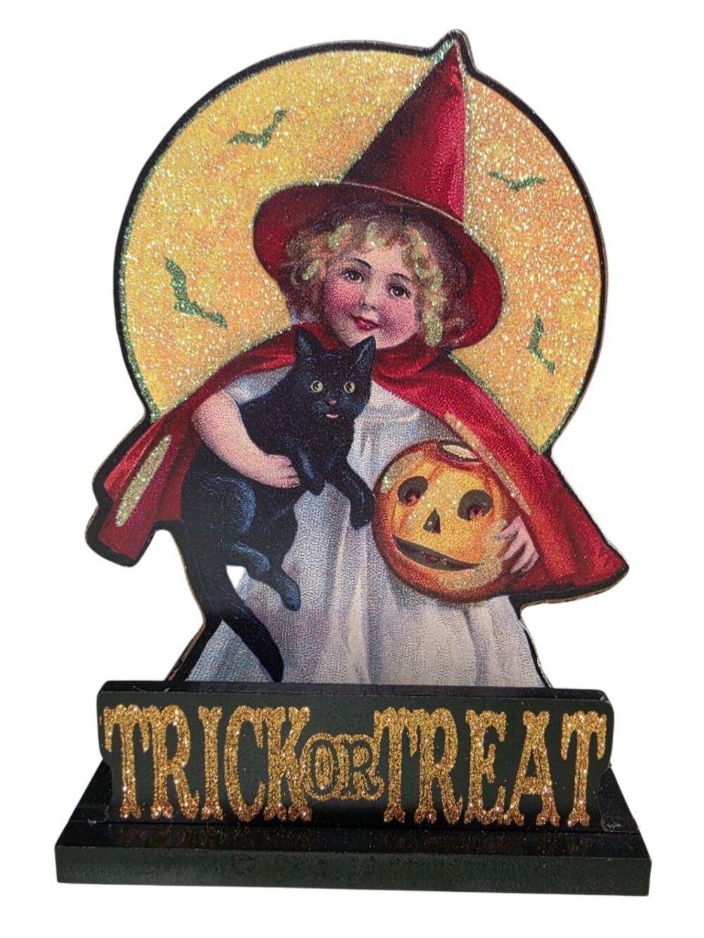 Hobby Lobby 2018 Victorian Witch Black Cat Pumpkin Halloween Wood Decor Glitter